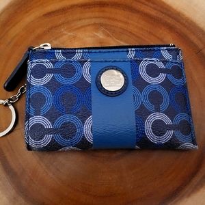 Coach Mini Skinny Blue Poppy PouchZippered Wallet Clutch with Keychain.